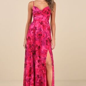 Lulus Beautiful Soul Fuchsia Floral Print Twist-front Maxi Dress Pink - Size XS